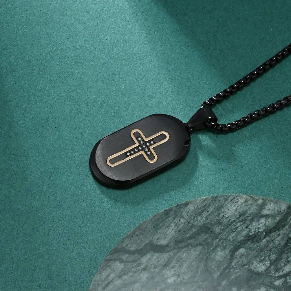 Zirconia Inlay Double Cross Square Pendant Necklace