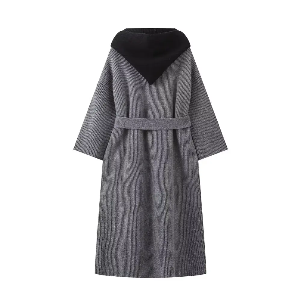 Donne 2024 Moda bavaglino con cappuccio due pezzi lavorati a maglia Cappotto Vintage Manica Lunga Donna Capispalla Chic Overshirt_voghion.com