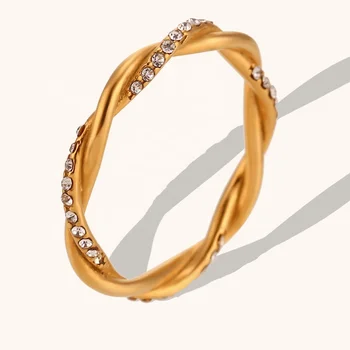 Dingran Fashion Jewelry Twisted Ring Stainless Steel 18k Gold Plated Zircon Rings For Ladies