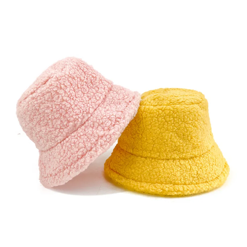 Winter Solid Color Furry Fluffy Lambswool Ear Protection Warm Plush Fisherman Sherpa Teddy Cap Wool Lamb Bucket Hat