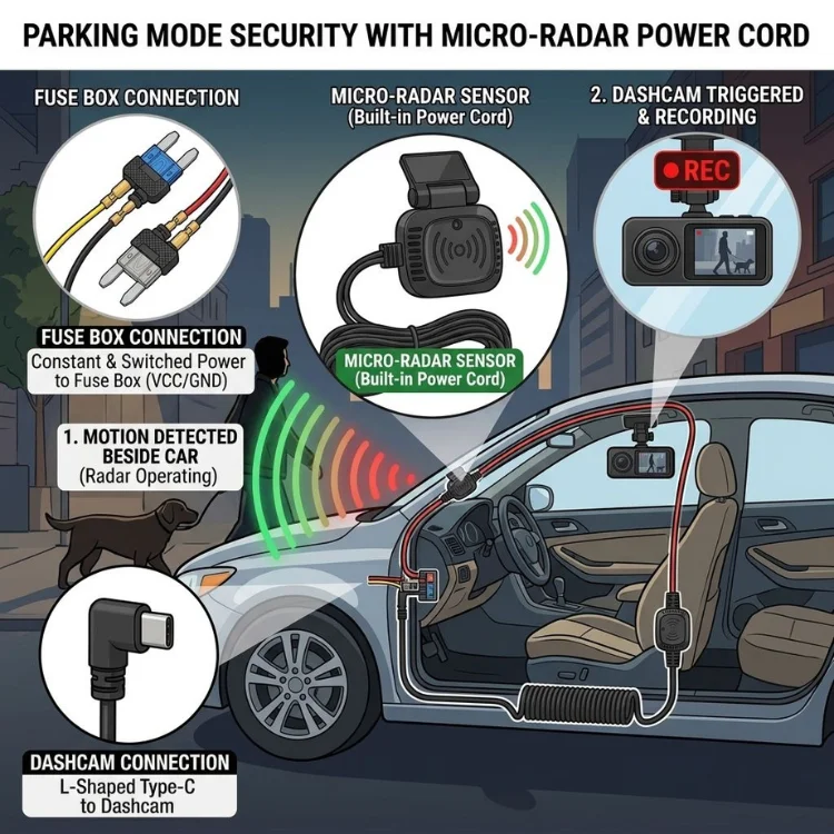 VIEVGUARB T-BOX Dash Cam Radar Hardwire Kit 24H Parking Monitor Cable Low Voltage Protection
