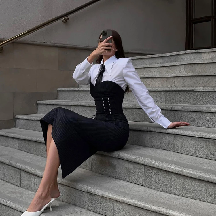 Piece Dress White Shirt And Black Skirt Preppy Style Coordinates