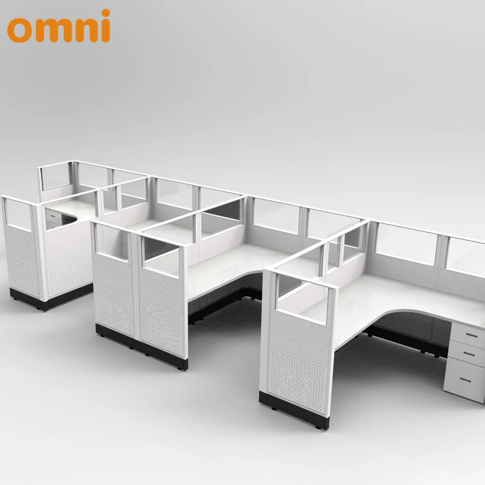 OMNI Modern 3-Seat Modular Open Plan Call Center Office Staff Cubicles Workstation Desk L-Shape Expandable Adjustable Aluminium