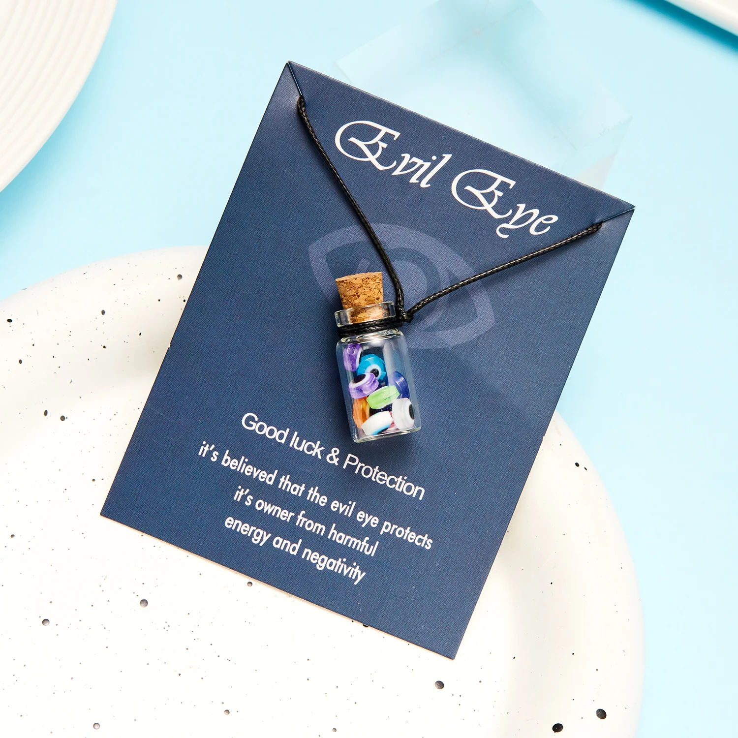 Rinhoo Lucky Sign Evil Eye Necklaces Glass Bottle Blue Eye Beads Pendant Wax Rope Handmade Card Necklace Women Men Jewelry Gift