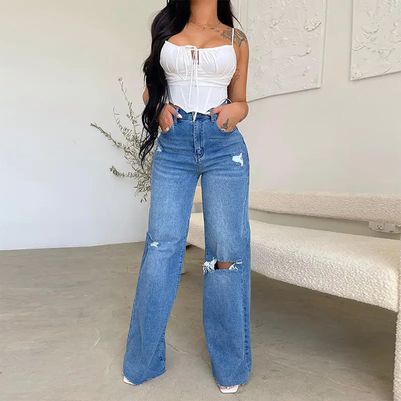 Manufacturer's Direct Selling Top Products 2024 Fashionable Comfortable Versatile Ripped Jeans Women High Waist Wide Leg Pants