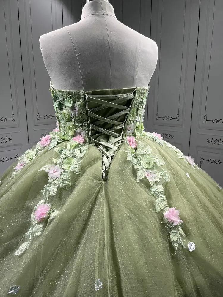 sage green 15 dress 3D Flower Sage Green Quince Dresses Off Shoulder Sweet 15 Birthday Party US4 / Sage Green