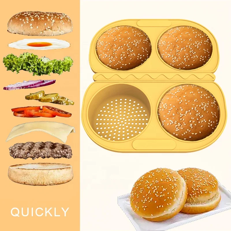 Eco-friendly Non Stick Silicone Burger Bun Mold Silicone Baking Bread Mold 4 Cavity Silicone Hamburger Mold