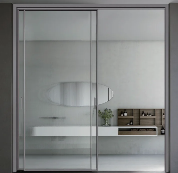 Full-Length Fluted Glass Interior Bathroom & Kitchen Waterproof Sliding Door with Ultra-Narrow Frame Minimalist Design