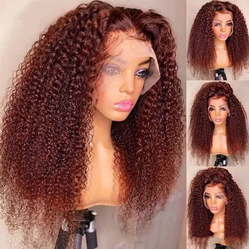 Rötlich braune Jerry Curly Lace Front Perücke Remy Echthaar 13x6 Kinky Curly Glueless Transparent Frontal Perücke_voghion.com