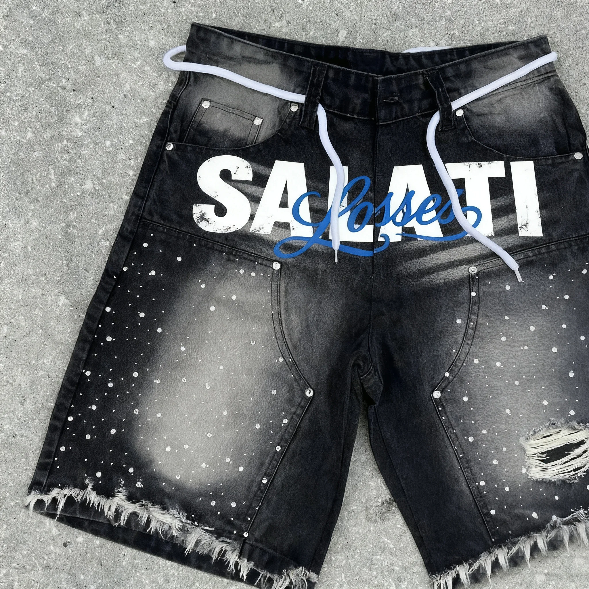 Custom Streetwear Denim Shorts Distressed Embroidery Patch Rhinestone Flared Jorts Jeans Shorts Men gallery 4