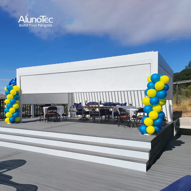 AlunoTec современные настенные электрические жалюзи на крыше металлические наружные беседки алюминиевые солнечные биоклиматические пергола