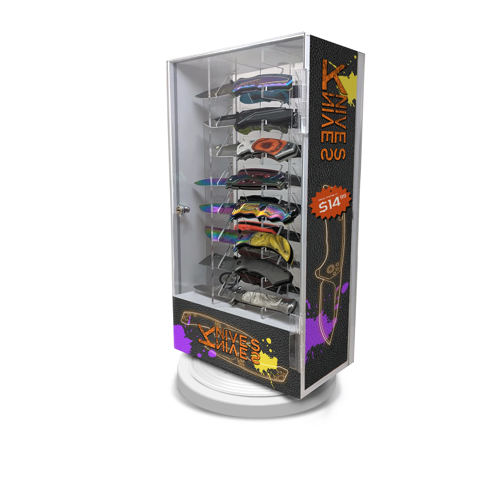 Acrylic Display Case Revolving Lightup Knifes Storage Stand Turning Rotating Led Light Knives