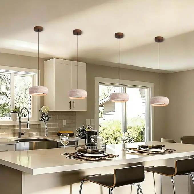 Wabi-sabi Vintage Natural Round Travertine Led Pendant Light for Bedroom Hallway Dinner Table