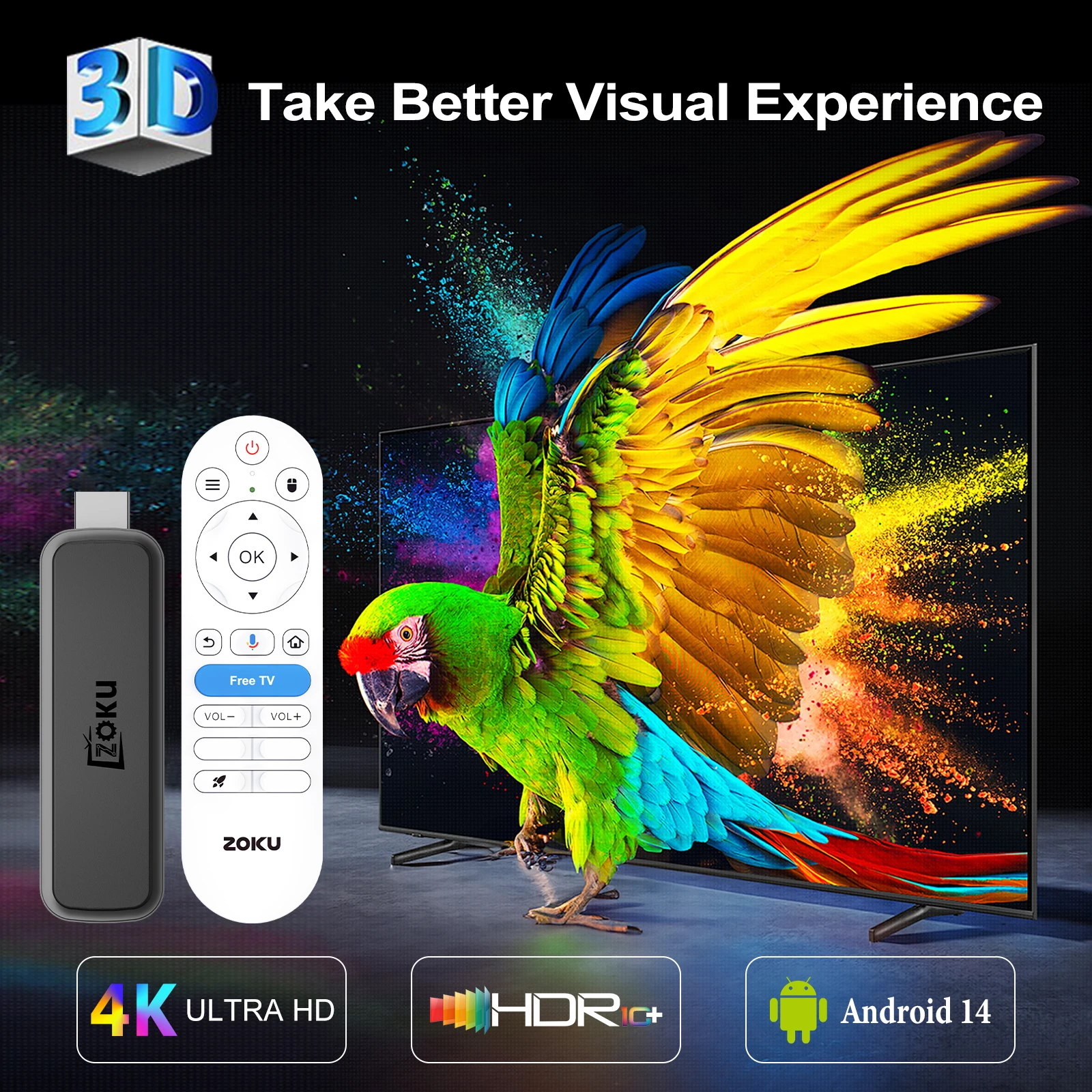 ZOKU Factory H2pro Tv Stick - Android 14, 4GB RAM, 64GB Storage