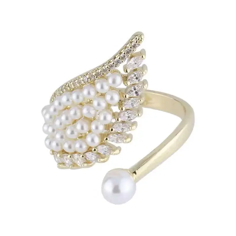 Elegant Pearl Angel Wing Ring Gold Plated Open Adjustable Wing Shape Rhinestone Ring for Women