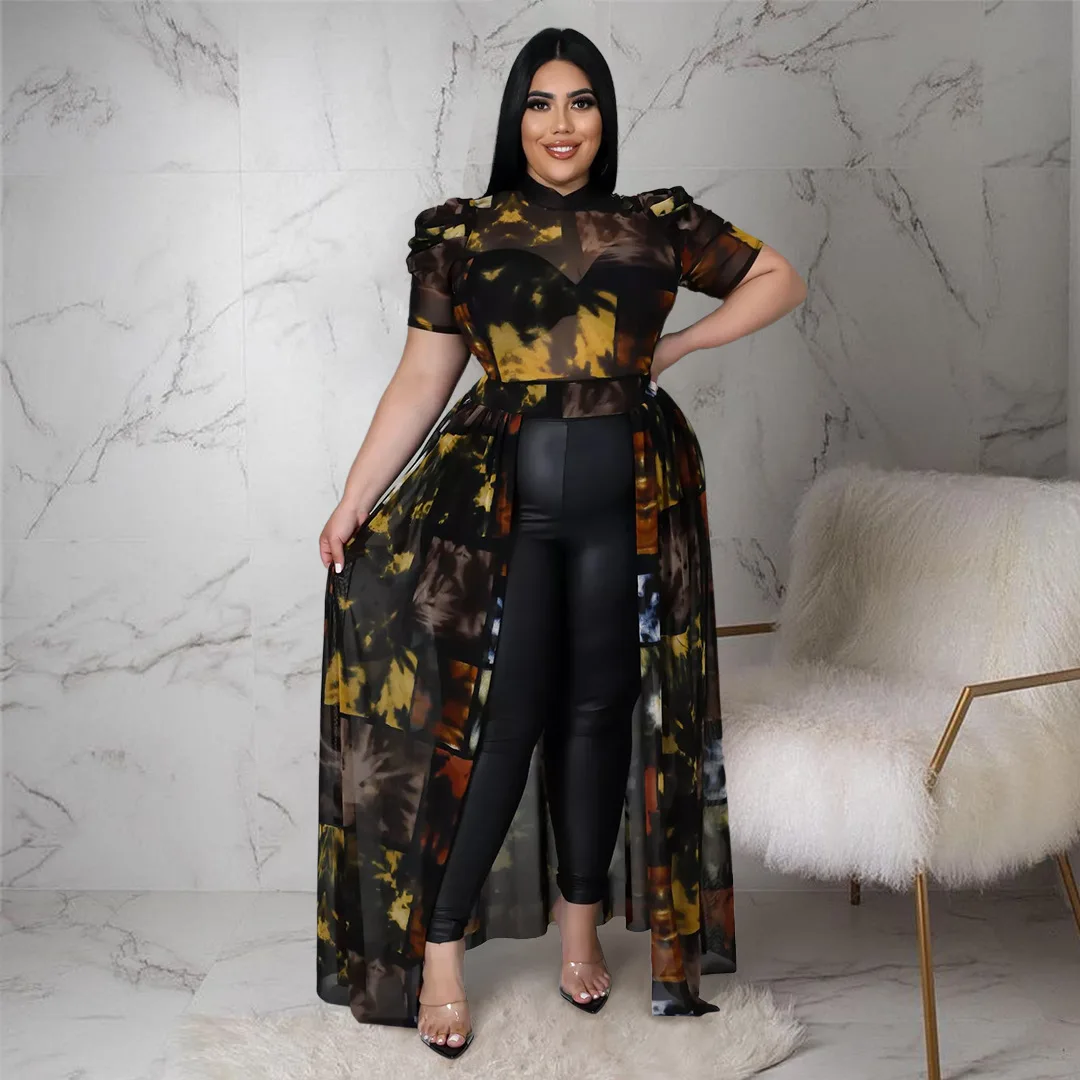 Plus Size Mesh Dress for XL-5XL Women Clothing Printing Dress Casual  Clothing for Adult Plus Size Womens Dresses