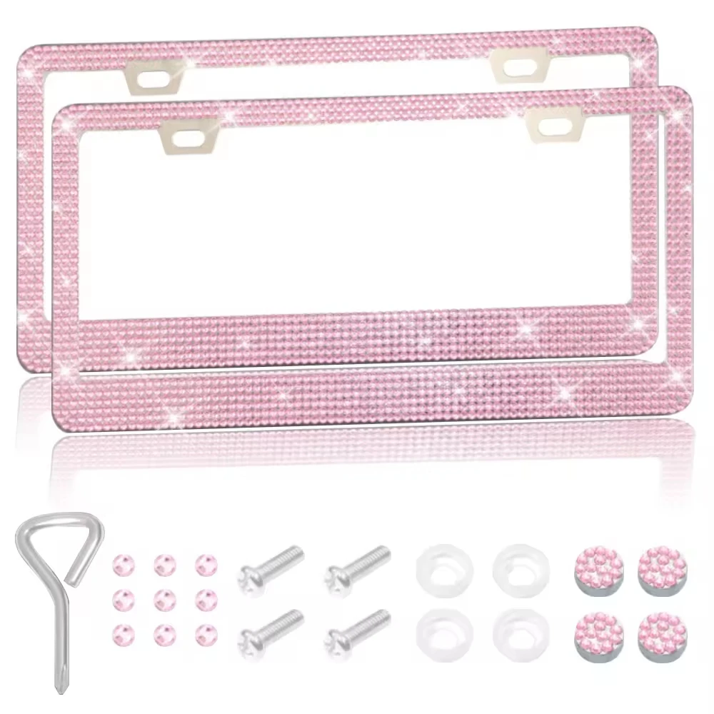 Pink Car Bling License Plate Frame Sparkly 2 Holes 3 Row Acrylic Crystal Stainless Steel Universal License Plate Frame for US