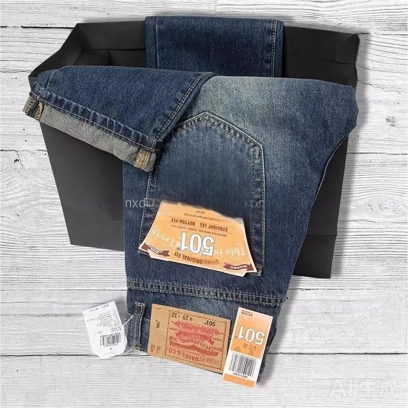 2025 New Autumn and Winter Washed Blue Jeans for Men, Slim Fit Elastic Pants, Printed Embroidery High-end Men's Jeans