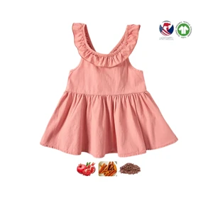 Lotus Round Neck Sleeveless Baby Girl Dress Dark Pink with Cute Cartoon Pattern Ruffle Decoration Wholesale Natural Plant Dye