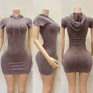 Huili Manufacturer Custom logo 100% Cotton Summer Modest Solid Color Acid Washed Striped Short Sleeve Hooded Dress for Women