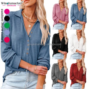 Fall Ladies Rib Knit Top Cotton White Lapel Shirts Button Down Long Sleeve Woman Blouse Ribbed Blouses Elegant Women Shirt