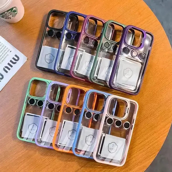 Lens Metal Ring Protector Stand Phone Case for IPhone 16 15 14 Pro 13 12 11 Pro Max Camera Protection Acrylic Shockproof Cover