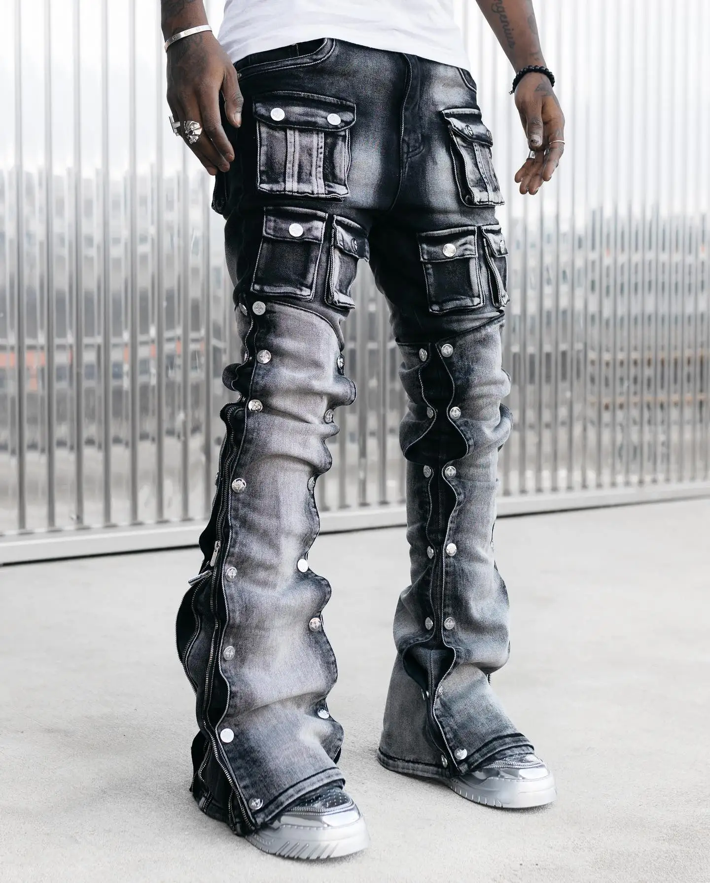 Custom Vintage Men's Flared Blue Denim Jeans Multi Pocket Slim