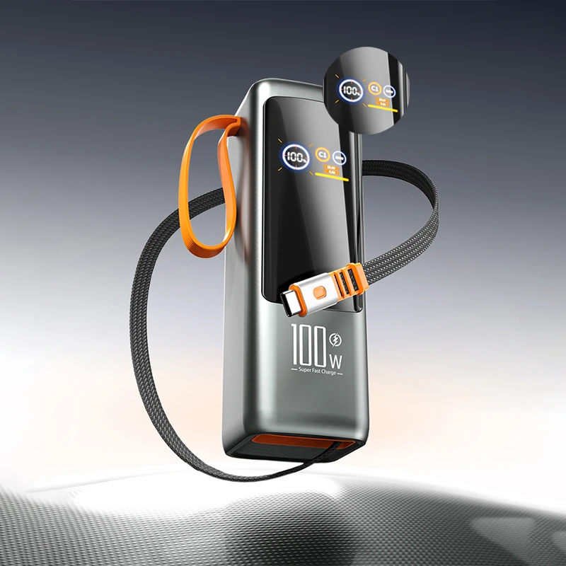 Creative 100W Super Fast Charging Digital Display Power Bank 25000mAh Built-in Cable Lanyard Design Portable Charger PB221