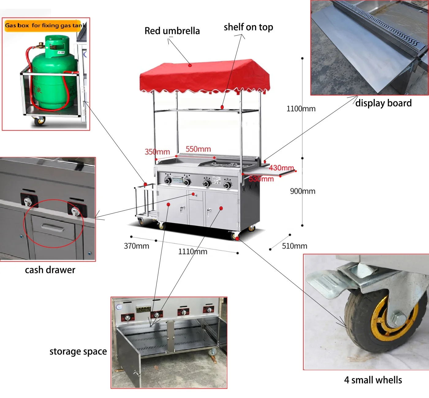 Food Cart Grill And 2 Fryers Chicken And French Fries Trolley Cart For