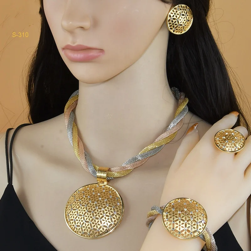 Set di Gioielli Etiopi di Lusso alla Moda per Matrimonio Collana Orecchini Anello Bracciale in Rame Placcato Oro Regalo per Feste Anniversario