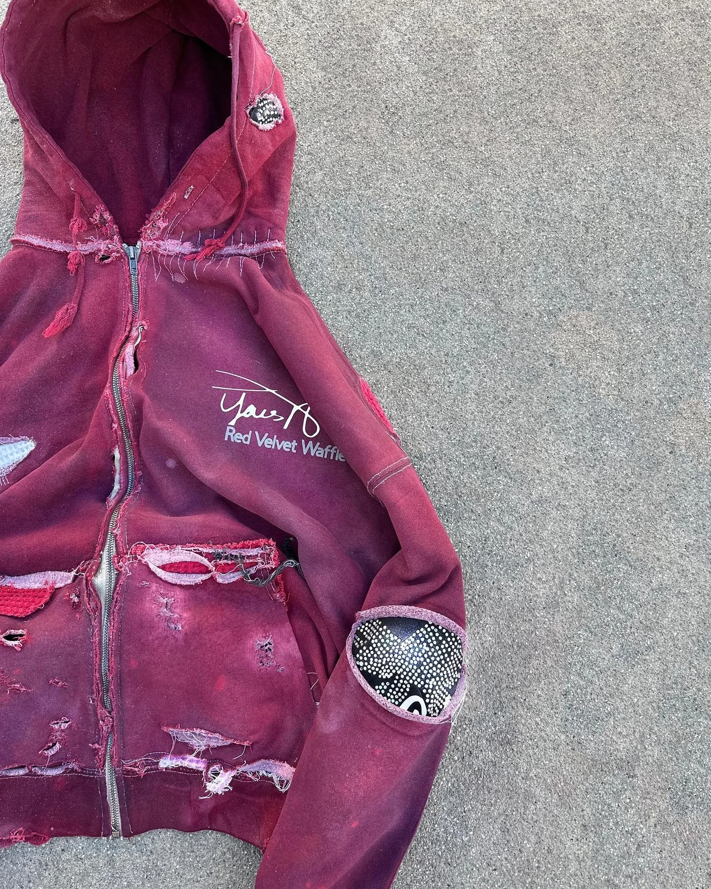 Custom Unisex Hooded Sweatshirt Cotton French Terry Ripped Faded Boxy Zip up Distressed Vintage Acid Wash Rhinestone Hoodies Men gallery 4