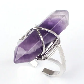 Hexagonal Open Sliver Ring,Natural Amethyst Rose Quartz Handmade Ring,Healing Crystal Anxiety Jewelry for Women Men