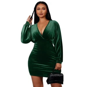 New Women's Elegant Deep V Neck Long Sleeve Batwing Bodycon Velvet Mini Party Club Dress