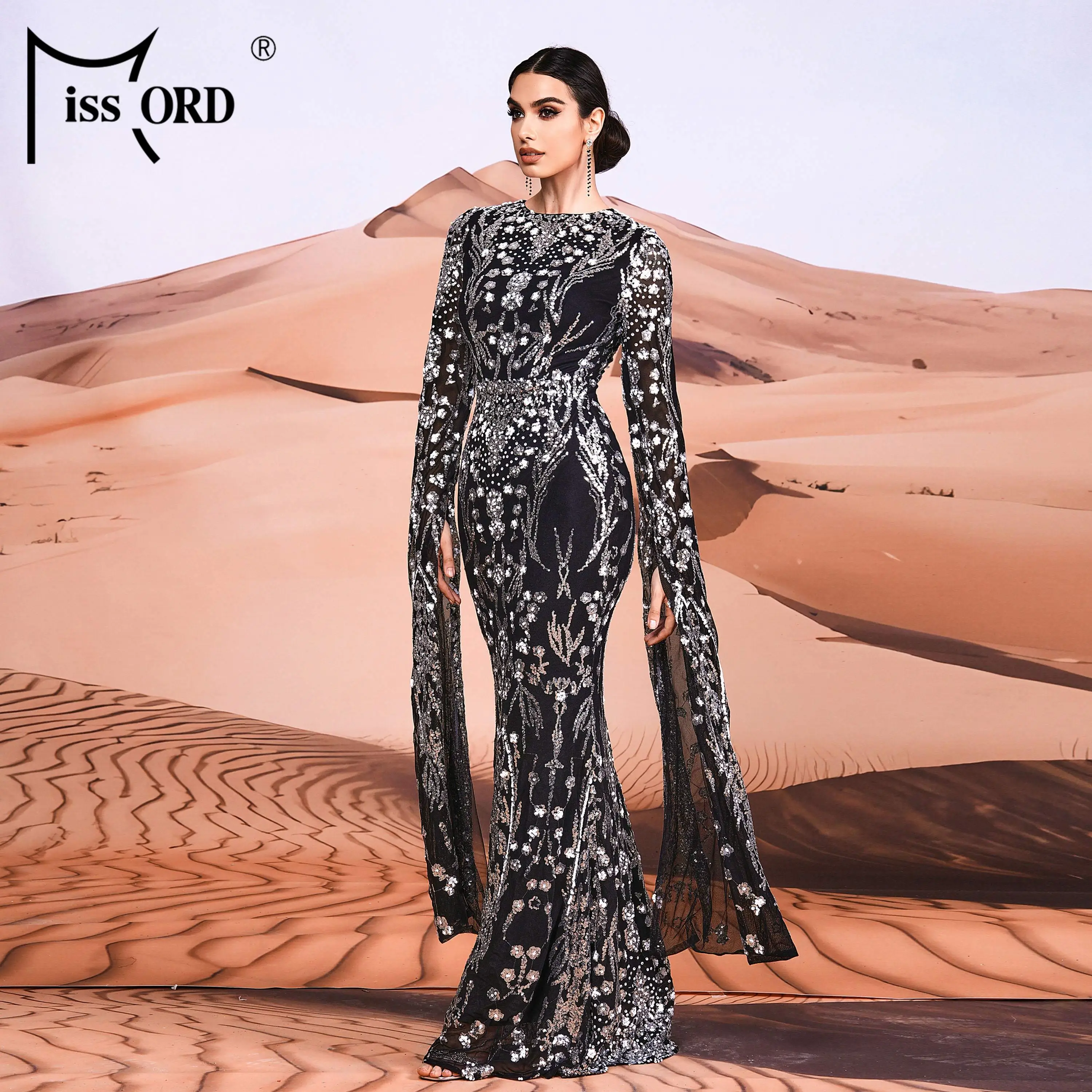 O-neck Long Sleeve Maxi Sequin Hijab Arabic Istanbul