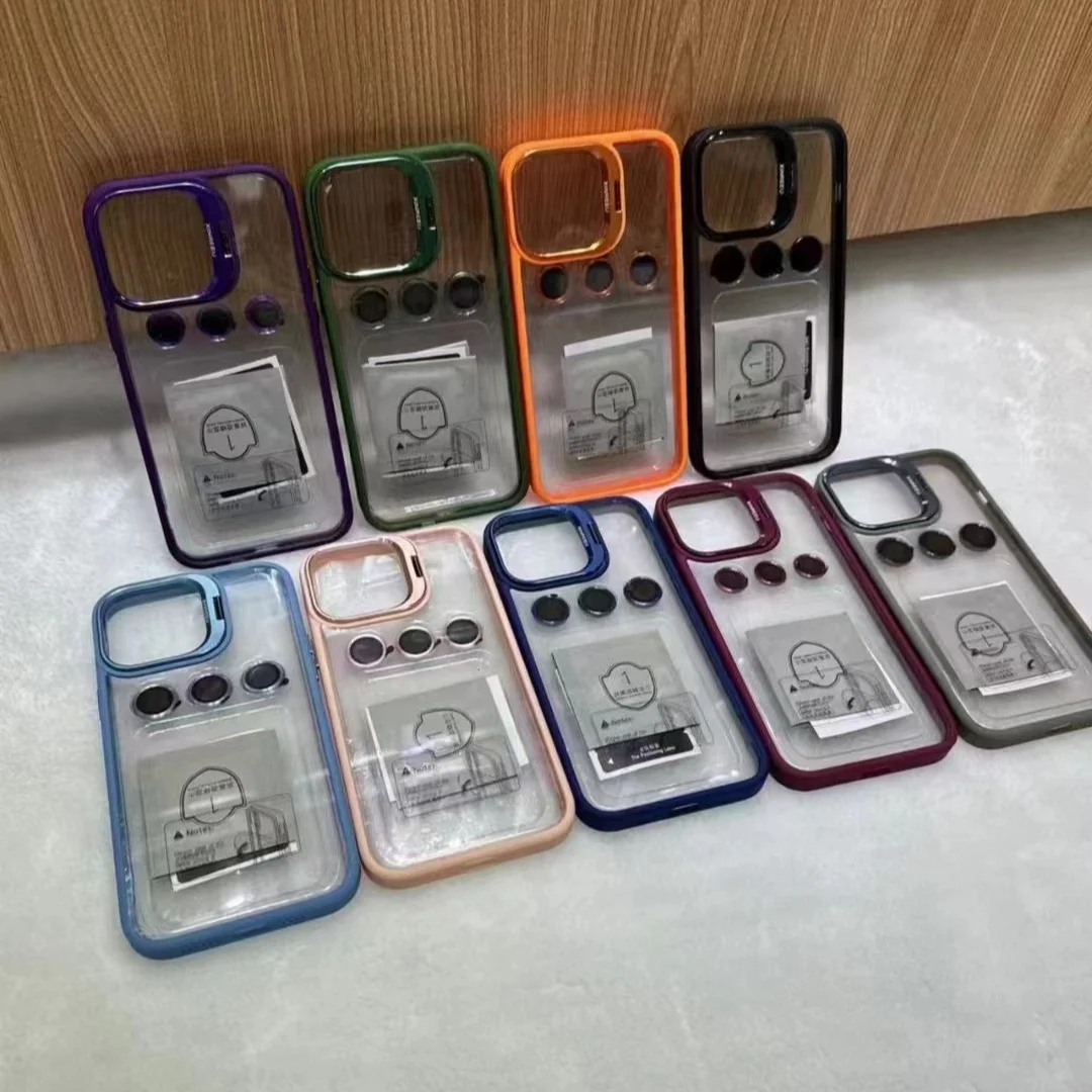 Lens Metal Ring Protector Stand Phone Case for IPhone 16 15 14 Pro 13 12 11 Pro Max Camera Protection Acrylic Shockproof Cover