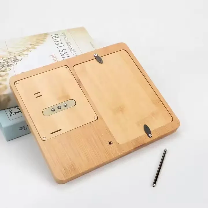 Bamboo Lcd Digital Desk Alarm Clock Wireless Charger Wooden Electronic Table Clock with Temperature Humidity