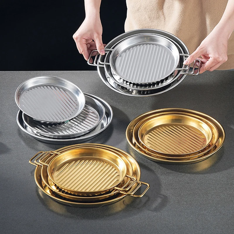 Thickened Stainless Steel Baking Tray Thickened Double Ear Seafood Plate  Golden Round Baked Dessert French Fry Plate