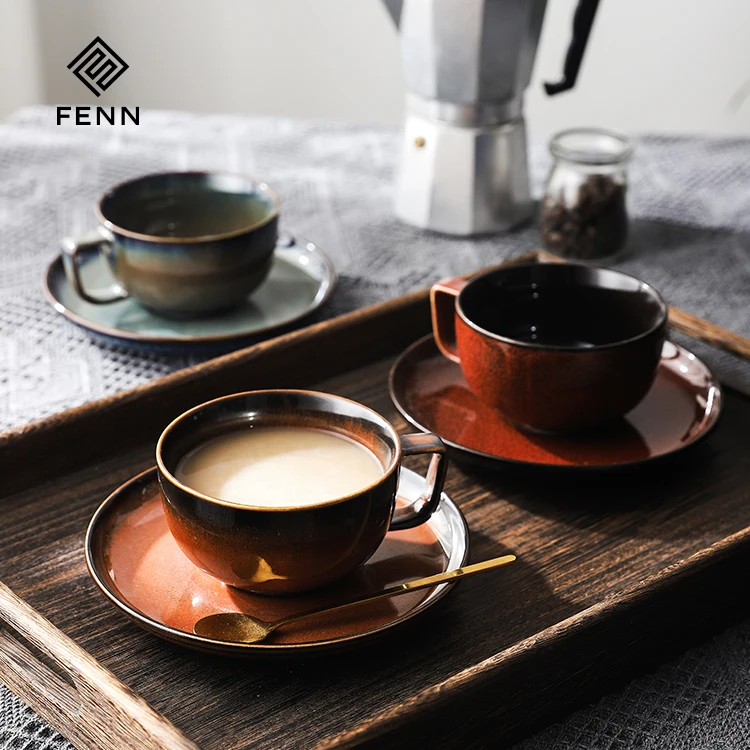 product fenn high quality and nice design green ceramic home coffee cups set 250ml mugs vintage style coffee cup and saucer for gift481-59