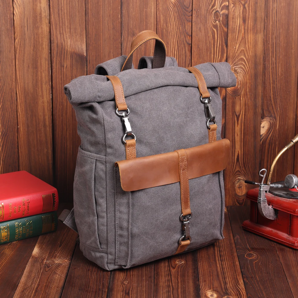 Custom Canvas Backpack with Leather Trim Travel Vintage Laptop Backpack for Student