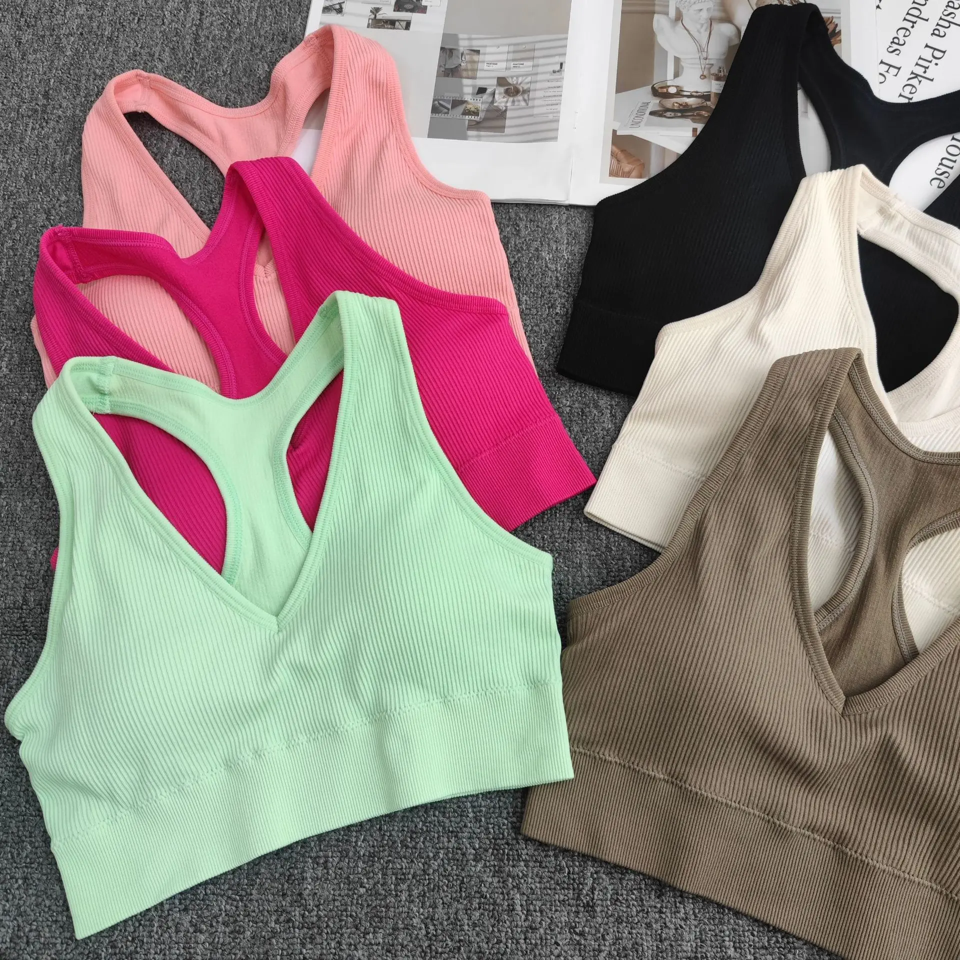 Wholesale Custom Logo Rib V Neck Push Up Bust Gym Fitness Sets For Adults Women Casual Spandex/Nylon Sports Yoga Bra supplier