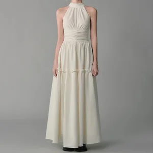 Custom Brand Retro High Collar Waist A-line Dress Sleeveless Floor-Length Leisure Dress Halter Neckline Elegant Solid Natural