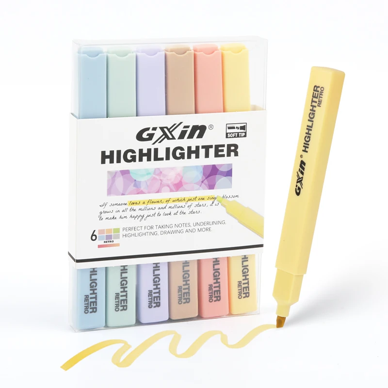 Gxin G-343-6 6pcs/set Retro Color Highlighter Marker Pens Set Writing Smoothly Fluorescent Pen Factory Price Highlighters
