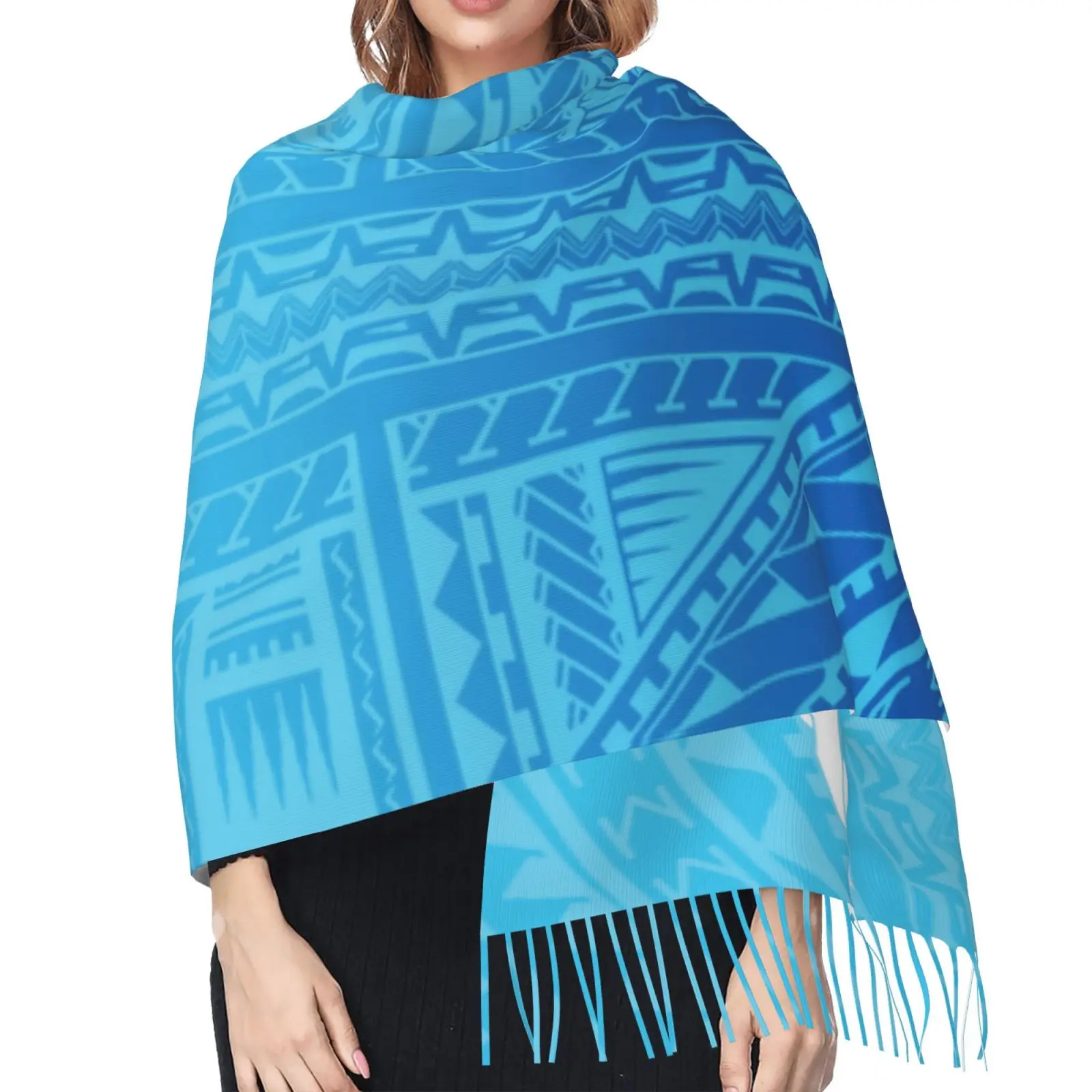 High Quality Customized Warm Winter Pashmina Shawl Scarf With Tassel Blue Polynesian Samoa Tribal Design Poncho Shawl Scarf_voghion.com
