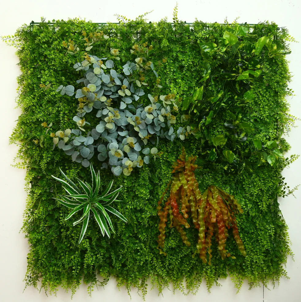 Home Decor Wall 100x100 cm Different Types Leaves Custom Plastic Artificial  Ferns Hanging Plants Green Moss Wall Garden Vertical, image size:982x983