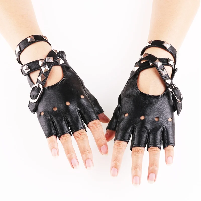 New Half Finger PU Leather Gloves Women Rock Punk Style Fingerless Rivet  Mittens