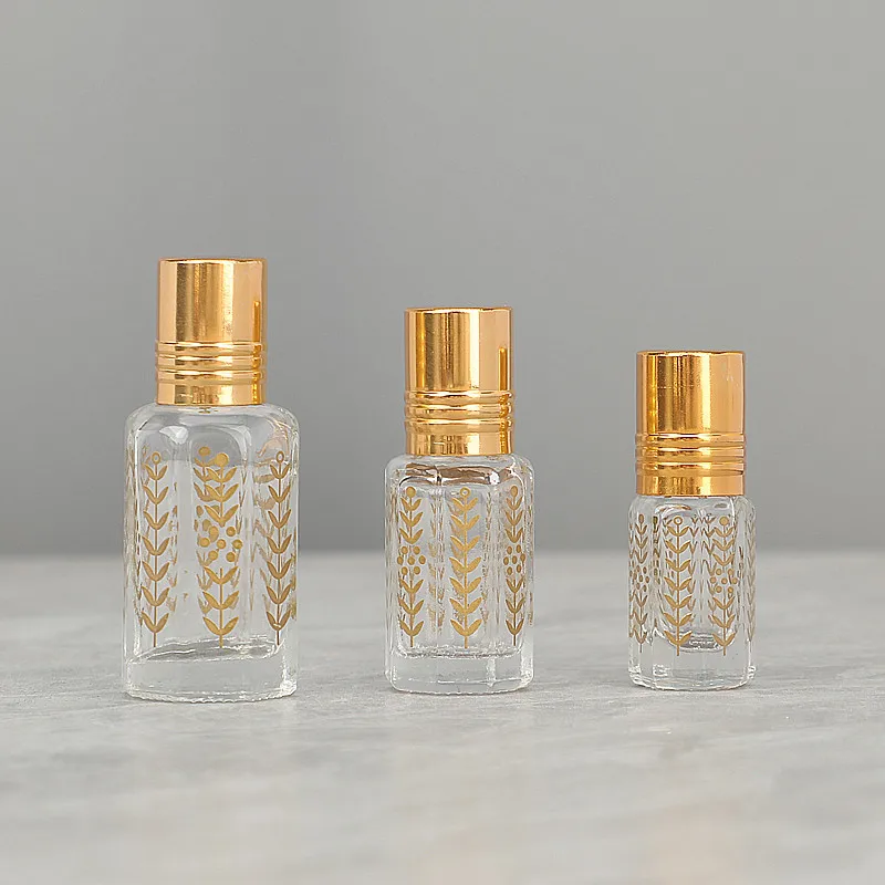 Top Grade 3ml 6ml 12ml Empty Golden Octagonal Essential Oil Roller Bottle Leaf-pattern Glass Roll on Perfume Bottle