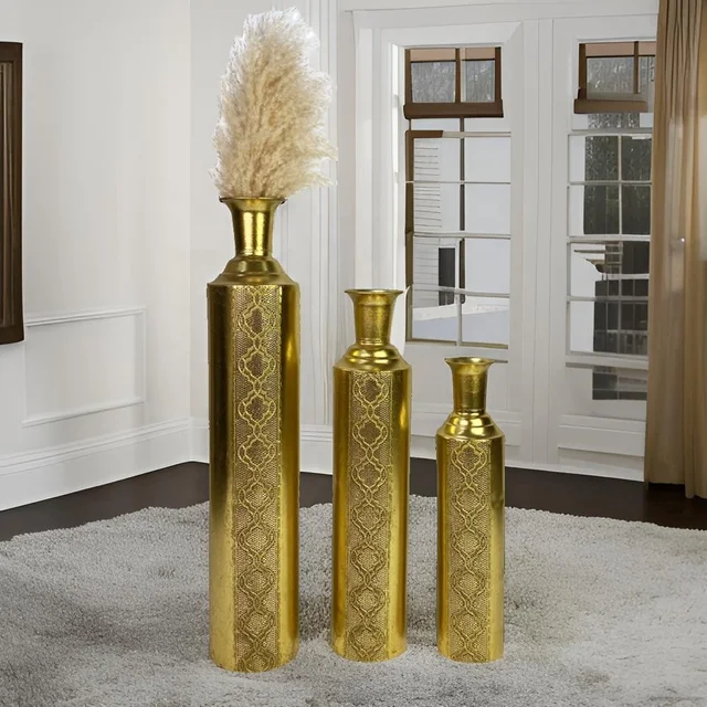 Lander Set of 3 Gold Luxury Tall Metal Decorative Floor Vases for Home Decor