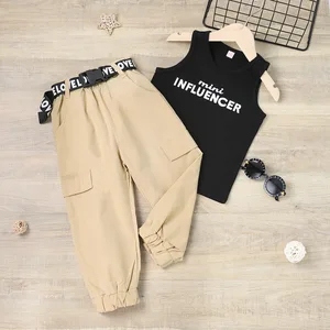 Girls Crop Tops & Worker Pocket Pants Set 2pcs T-Shirt Solid Casual Summer Clothes Kids Ages 8 Polyester/Cotton Knit
