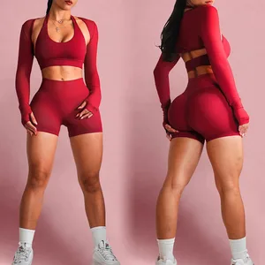 Apparel Custom Logo Female Gym Clothes Fitness Workout Long Sleeve Sports Bra and Shorts 3 Piece Yoga Matching Sets for Women