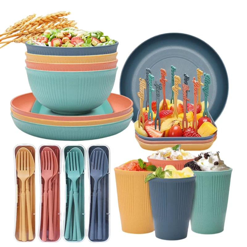 Eco-friendly Wheat Straw Dinnerware Set Home School Restaurant Tableware Bowls Cups Plates Spoon Chopsticks Cutlery Gift Set